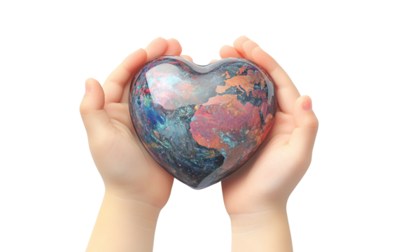 Heart-shaped planet Earth held gently by a childs hands symbolizing love care and environmental protection isolated on transparent background PNG