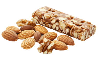 Healthy snacks including almonds walnuts and protein bars arranged for nutritious and balanced eating isolated on transparent background PNG
