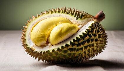 Obraz premium durian fruit half a close up shot of a ripe durian fruit split open to reveal its creamy yellow flesh the spiky green rind contrasts beautifully with the soft pale yellow inside