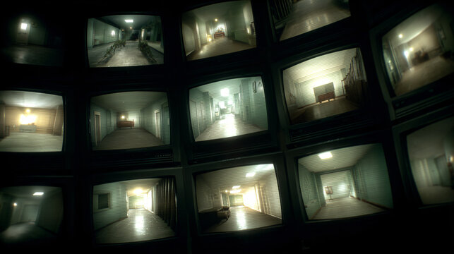 Security Surveillance Footage Multiple Video Monitors Interior Halls Mysterious Shadows Vintage Analog System Architecture Tension Patterns Modern Digital 