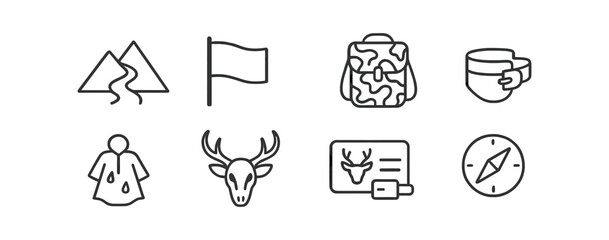 Fototapeta premium Camping adventure line icon set. Outdoor travel, hiking backpack and gear outline symbols
