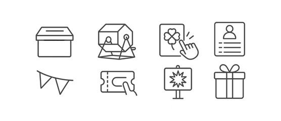 Event planning linear icon set. includes tickets, gifts, invitations, and id cards.