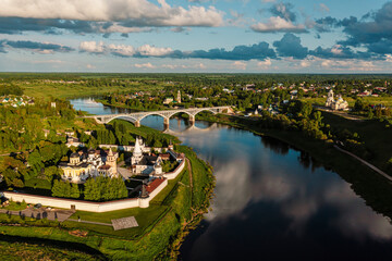 Fototapeta premium Aerial view of Assumption (Uspensky) Monastery on sunny summer day. Staritsa, Tver Oblast, Russia. High quality photo