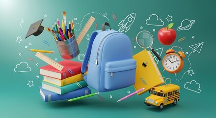 School supplies backpack books and school bus illustration