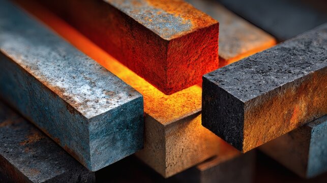 Industrial metal beams forming an abstract geometric composition in a construction setting with cool steel tones.