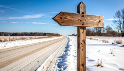 rustic wooden signpost on a snow-covered rural road