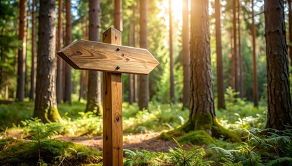 Wooden signpost marking a path in a dense forest