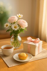 Charming tea setting with a pink-ribbon gift box, flowers in a vase, and a tart, illuminated by warm natural light.