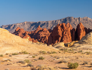 Dramatic red sandstone formations known as Fire Canyon in Valley of Fire state park Nevada