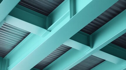 Naklejka premium Industrial metal beams forming an abstract geometric composition in a construction setting with cool steel tones.