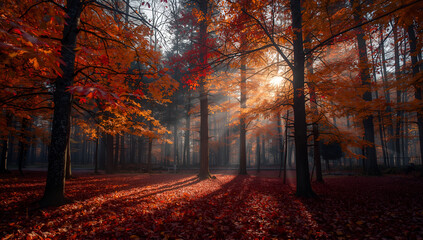Fototapeta premium Beautiful autumn trees with golden and orange leaves under a bright blue sky, perfect for seasonal backgrounds and nature projects