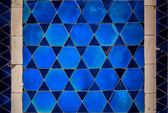 Ornate blue mosaic from handmade tiles in a star pattern in Istanbul, Turkey