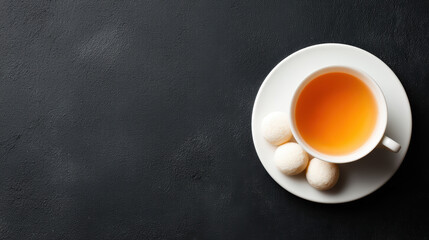 A warm cup of tea sits on a white plate alongside three sweet treats, set against a dark, textured background.