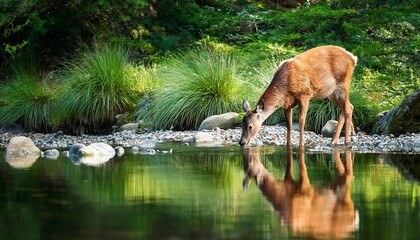 deer drinking from calm river its reflection perfectly mirrored water surface surrounded by lush greenery and pebbles serene atmosphere evokes sense of tranquility and connection with nature