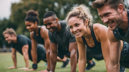A cheerful group of people performing push-ups during an outdoor fitness session.