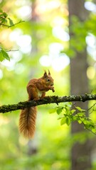 Red squirrel eating in forest
