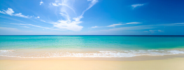 A wide panoramic shot of calm ocean horizon with empty sky for copy overlay. Banner with Copy space