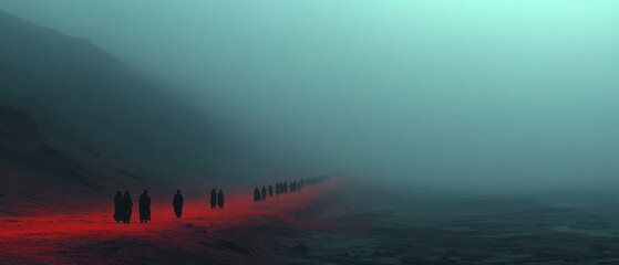 Fototapeta premium Foggy coastline at dusk figures appear