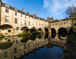 Obraz premium Canal town, arches, buildings, reflections