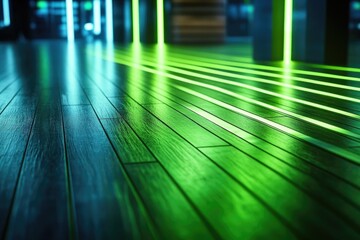 Illuminated hardwood floor with green and blue light streaks creating an abstract and modern ambiance, perspective view.