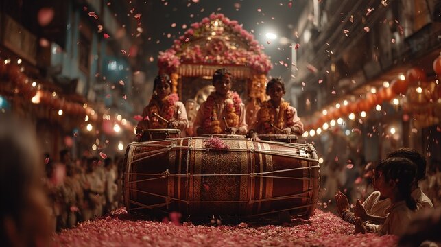 Durga Puja immersion procession, idol on decorated truck, traditional dhak drums, falling flower petals, children waving, city lights