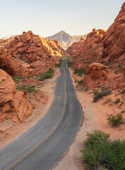 Mouse's Tank Road enters the dramatic red sandstone formations in Valley of Fire state park Nevada