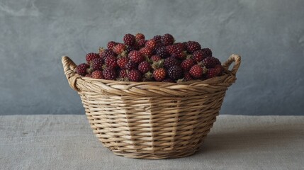Freshly Picked Wild Blackberries in a Woven Basket on Neutral Background