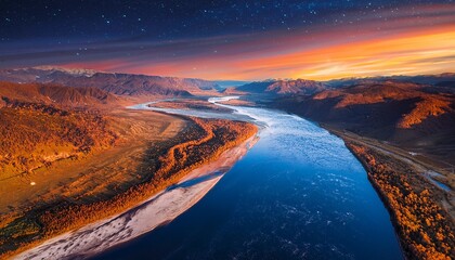 cosmic river a celestial flow of orange and blue