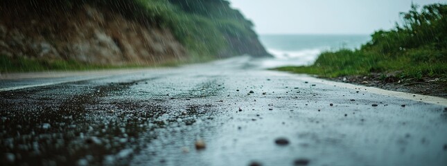 A wet road stretches into the distance, bordered by a lush green hillside and the ocean under a heavy rain.