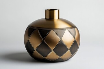 Obraz premium Elegant bronze vase with a diamond pattern design, placed on a white surface against a neutral, minimalist background.