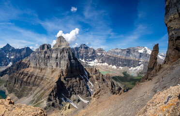 Rugged peaks and alpine valley from Mount Temple slopes in Banff