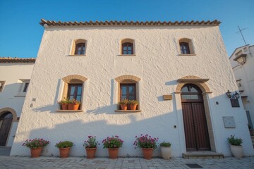 Charming whitewashed building with arched windows and flower pots under a blue sky
