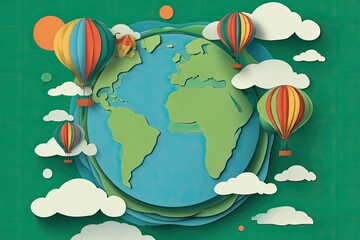Colorful paper cut-out Earth with hot air balloons