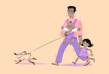 Father walking with children and dog
