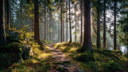 Fototapeta premium Serene Forest Pathway Through Tall Evergreen Trees in Early Morning Light with Soft Sunbeams Filtering Through