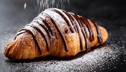 chocolate drizzled croissant with golden flaky layers