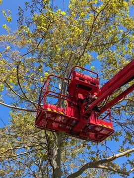 Red cherry picker lift