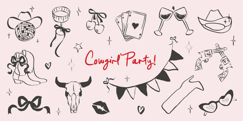 Cowgirl and cowboy set in hand drawn coquette style. Retro whimsical symbols for and girls birthday party. Trendy and cute art for bachelorette invitation. Doodle aesthetic vector illustration