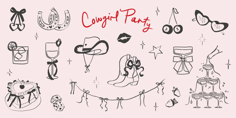 Cowgirl and cowboy set in hand drawn coquette style. Retro whimsical doodles for and girls birthday party. Trendy and cute art for bachelorette invitation. Western aesthetic vector illustration