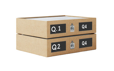 Organized stack of labeled folders for Q1 Q2 Q3 and Q4 representing structured office filing and annual planning isolated on transparent background PNG