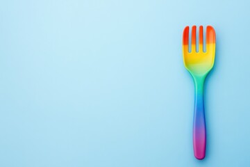 Rainbow-colored fork on a light blue background, vibrant hues blend from red, orange, yellow, green, blue and purple