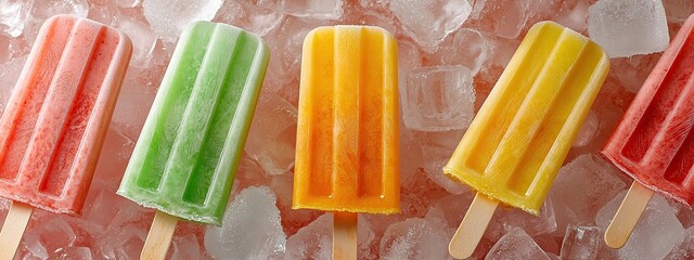Five colorful popsicles sit on a bed of crushed ice, creating a refreshing summer treat.