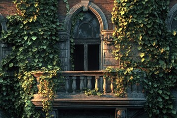 An old stone building with an arched window and a balcony, heavily covered with green ivy.