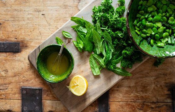 Summer salsa verde with broad beans and fresh green herbs