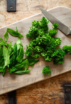 Fresh mint and parsley leaves