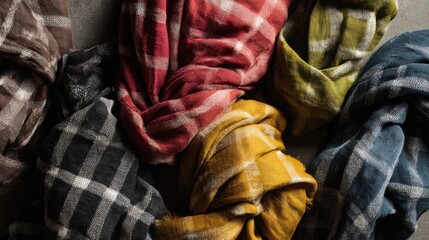 Colorful plaid fabrics arranged artistically on a textured surface showcasing a variety of patterns and hues