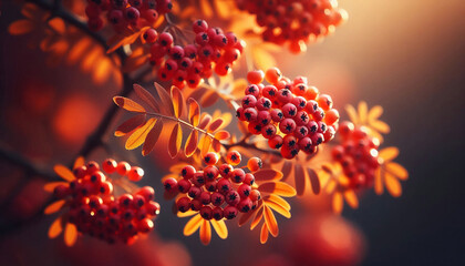 stunning autumn photograph showcasing clusters of bright red mountain ash (rowan) berries hanging from branches with golden-orange compound leaves