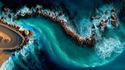 Aerial view of a turquoise coastline with abstract wave patterns and blue tones.