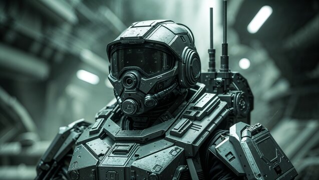A futuristic soldier in combat armor stands ready in an industrial setting, showcasing advanced technology.