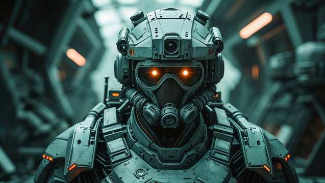 Intense close-up of a cyborg soldier in a futuristic, high-tech environment - Powered by Adobe